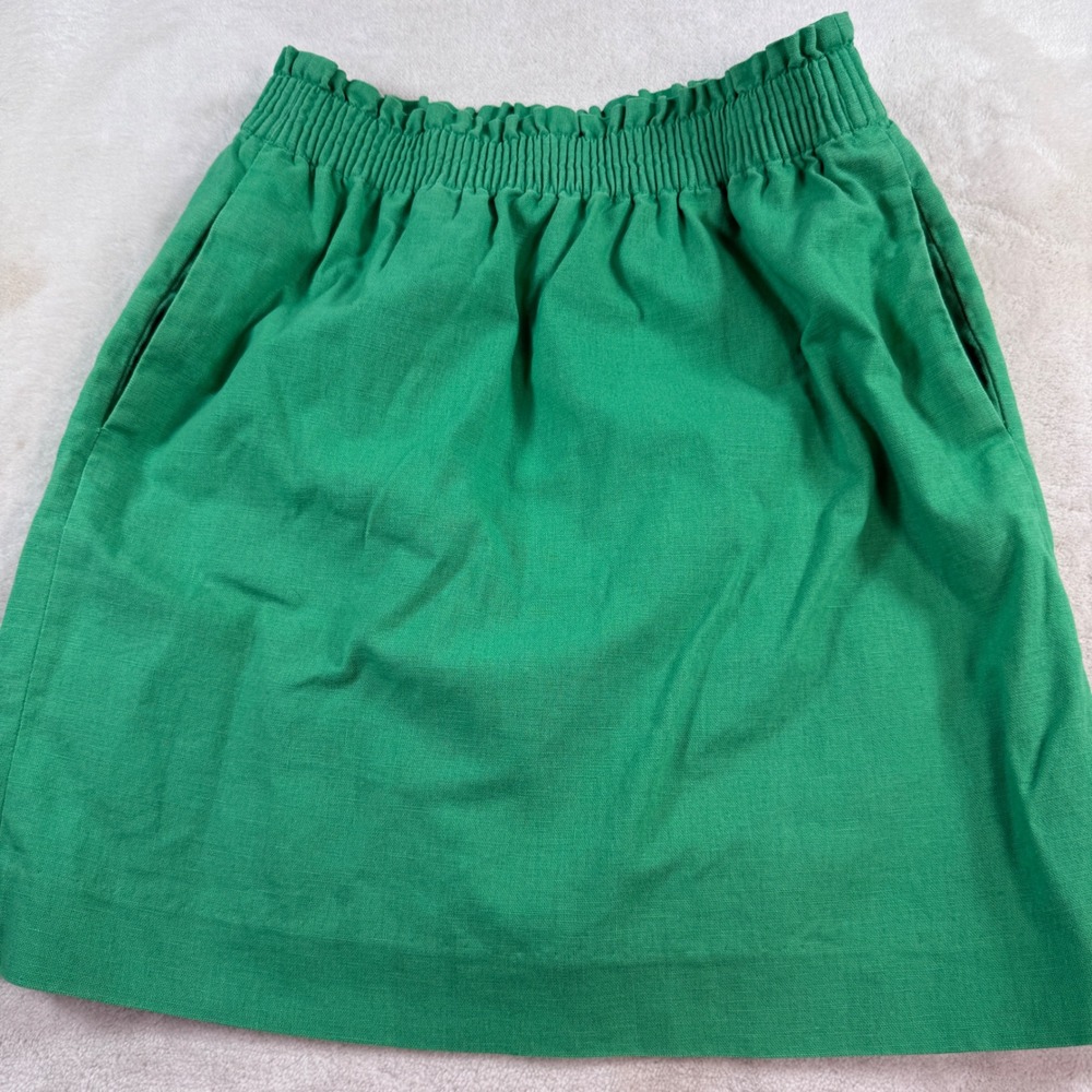 J.Crew Re-Imagined Green Smocked Paperbag Waist‎ Linen Blend Mini Skirt Size 0